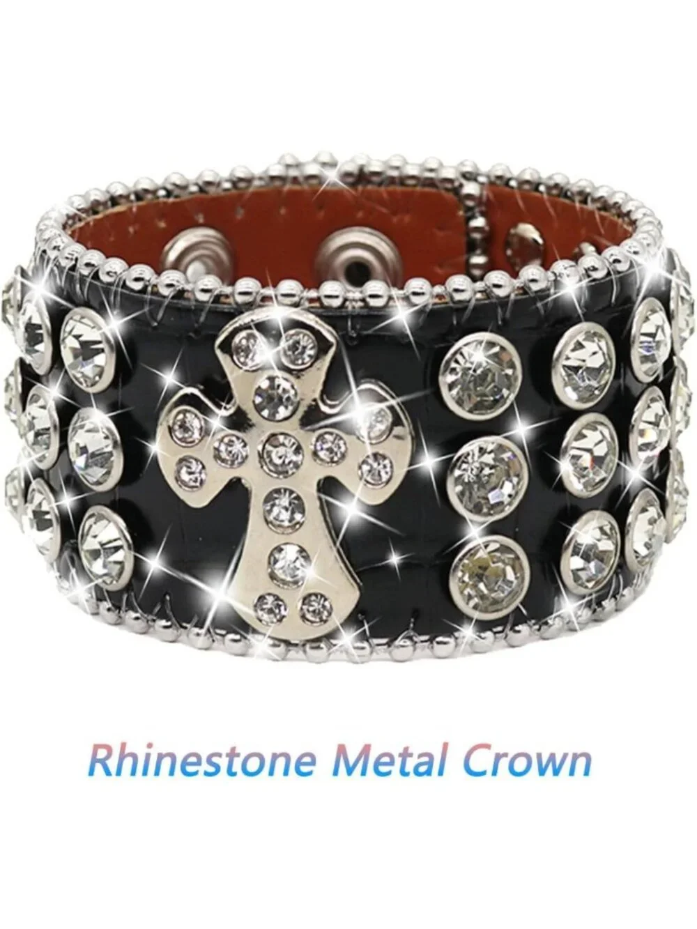 Rhinestone Studded Leather Bracelet for Men & Women | Adjustable Y2K Cross Skull